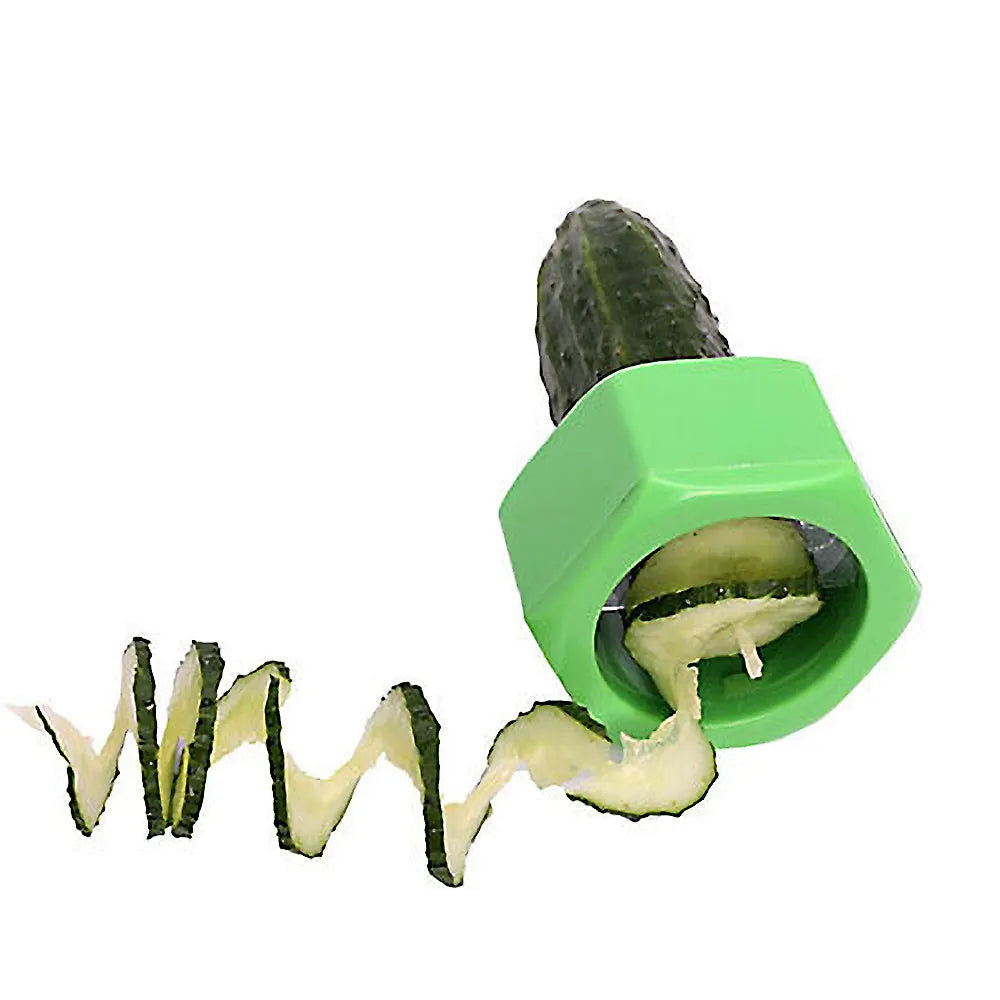 Yellow and green spiral vegetable cutter made from food-grade ABS plastic on a kitchen counter.