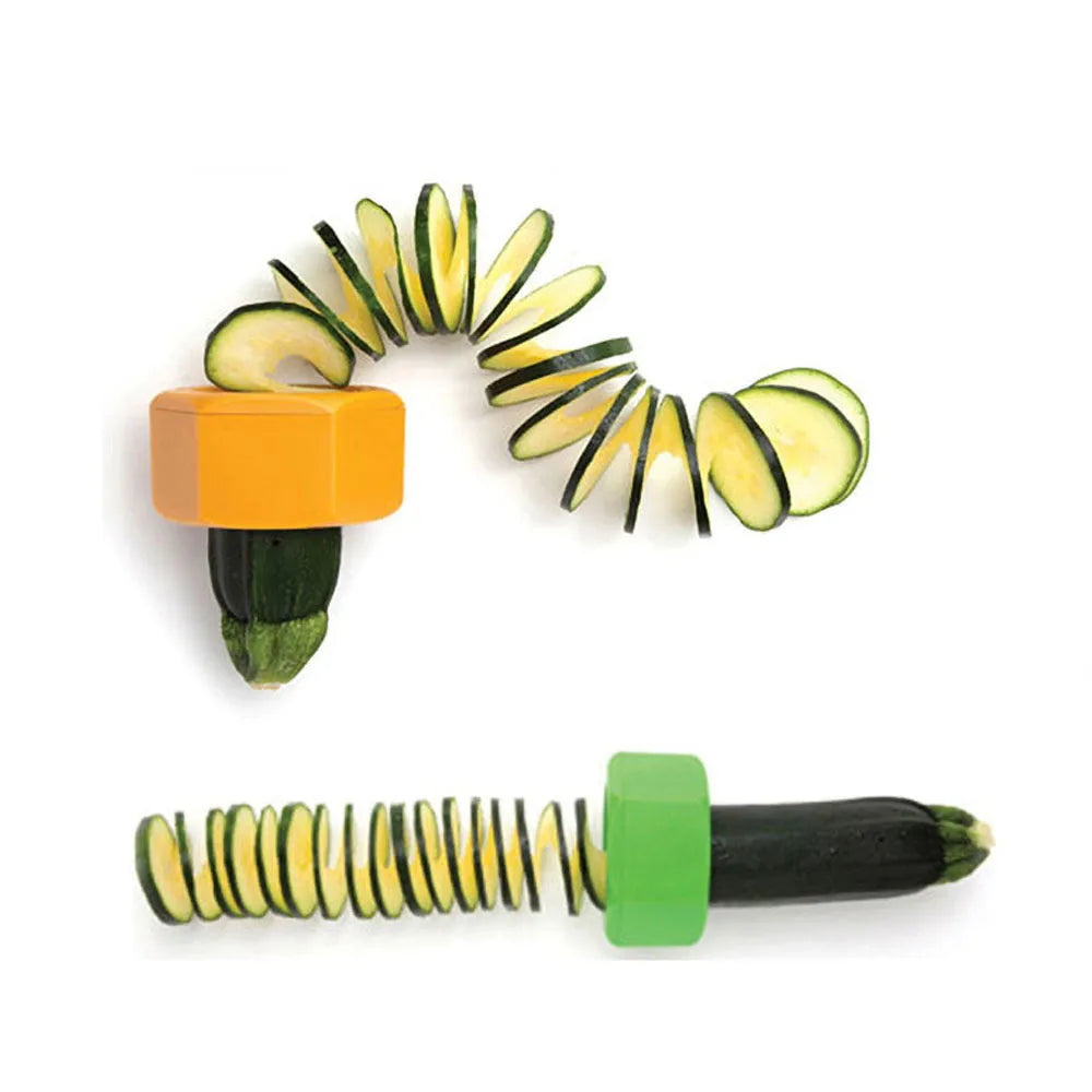 Yellow and green spiral vegetable cutter made from food-grade ABS plastic on a kitchen counter.