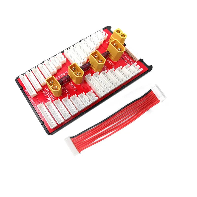 V2 parallel charging board for RC batteries with four ports, gold connectors, and fuse protection.