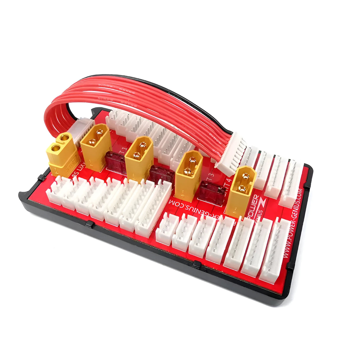 V2 parallel charging board for RC batteries with four ports, gold connectors, and fuse protection.