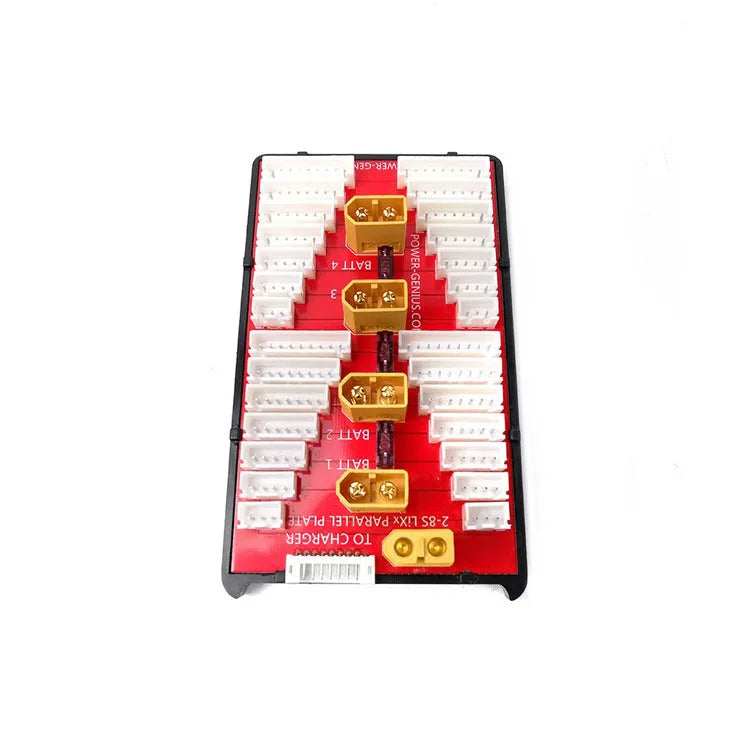 V2 parallel charging board for RC batteries with four ports, gold connectors, and fuse protection.