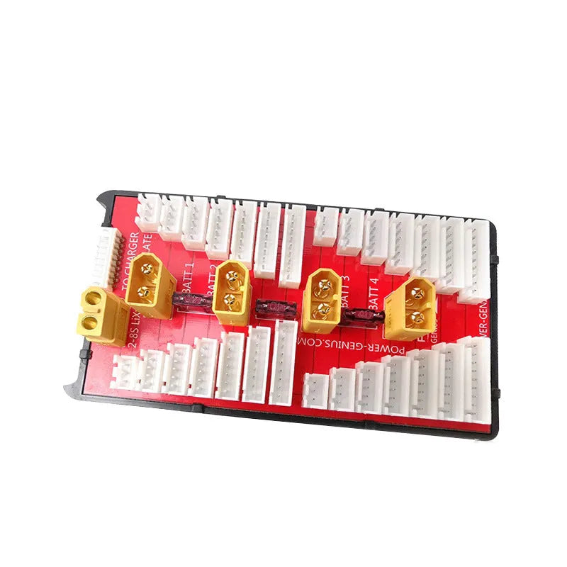 V2 parallel charging board for RC batteries with four ports, gold connectors, and fuse protection.