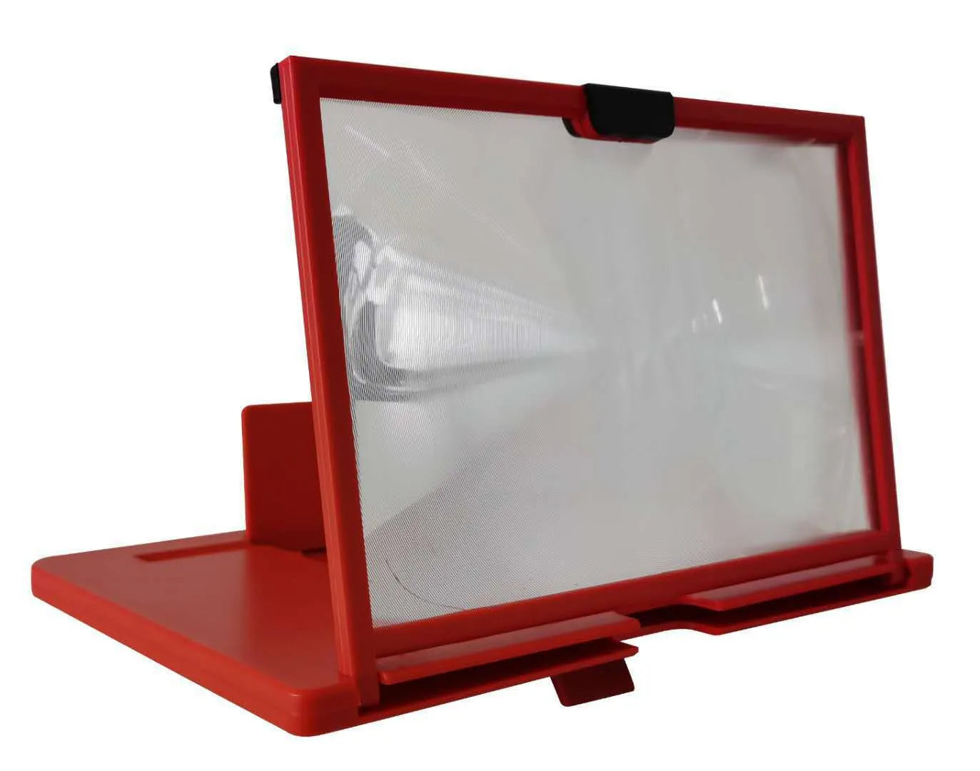 Black desktop mobile phone screen magnifier holder showing a smartphone enlarged through the 3D HD lens.