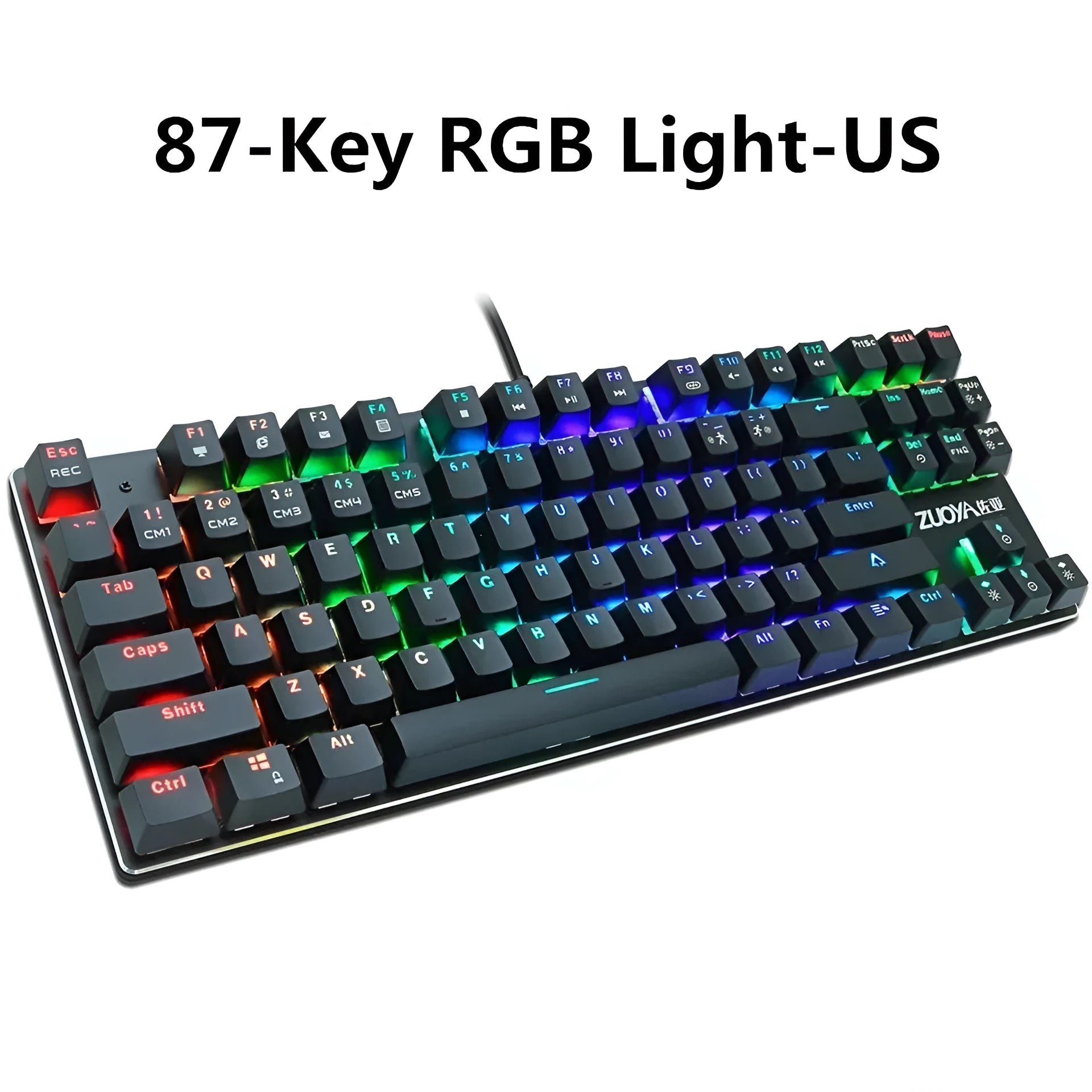 87-key wired mechanical keyboard with metal frame, backlight, and USB cable in compact tenkeyless layout