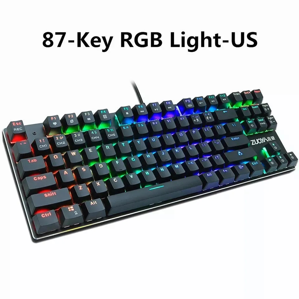 87-key wired mechanical keyboard with metal frame, backlight, and USB cable in compact tenkeyless layout