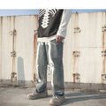 Men's high waist denim harem pants in black or grey, five-point length, sizes S to 2XL
