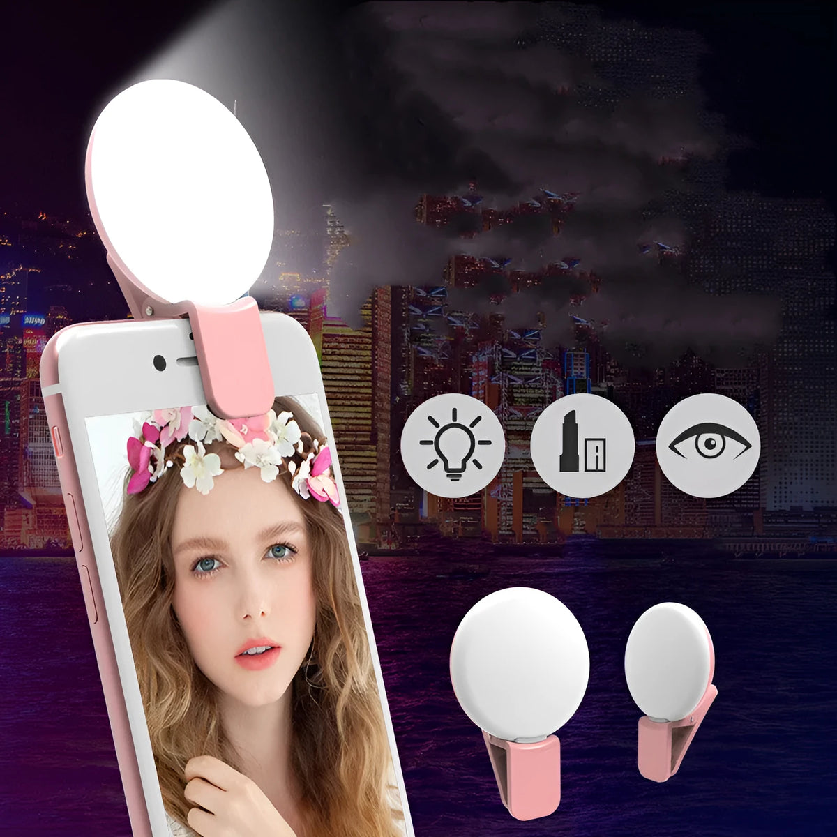 A small, round white clip-on LED fill light attached to a mobile phone for taking selfies.