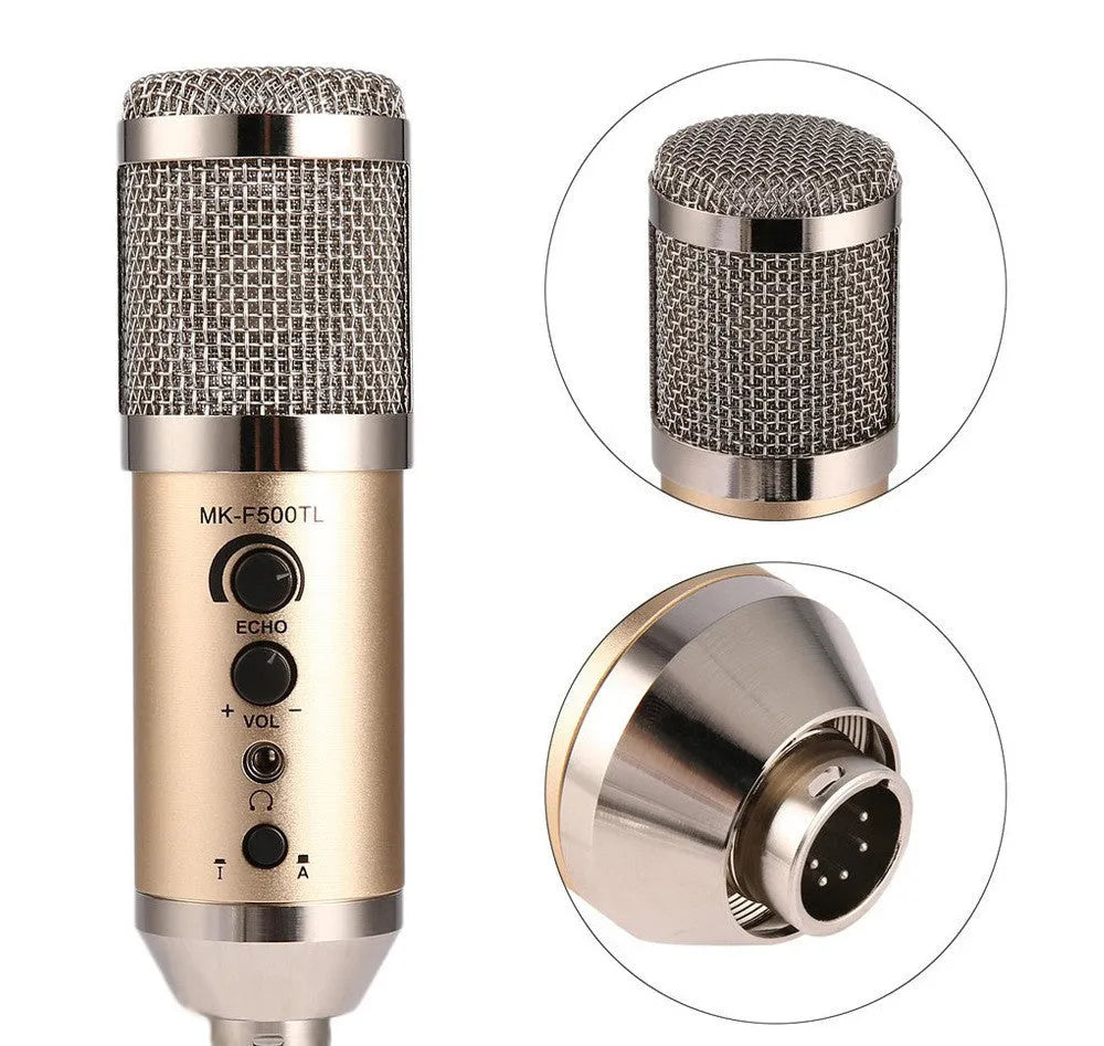 Gold condenser USB microphone with mounting bracket for mobile phone and computer recording
