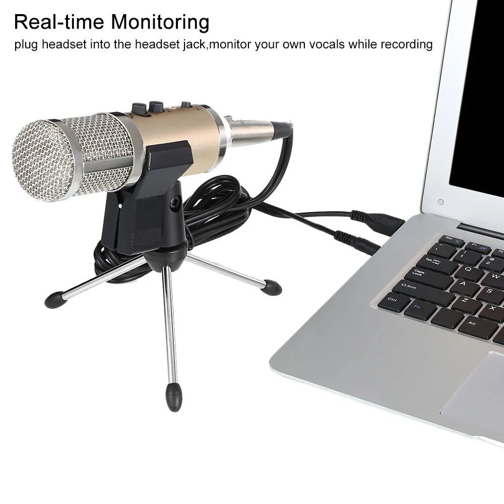 Gold condenser USB microphone with mounting bracket for mobile phone and computer recording