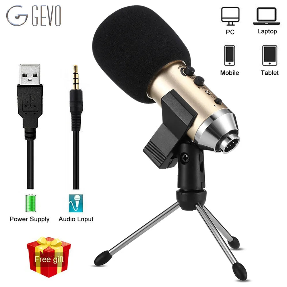 Gold condenser USB microphone with mounting bracket for mobile phone and computer recording