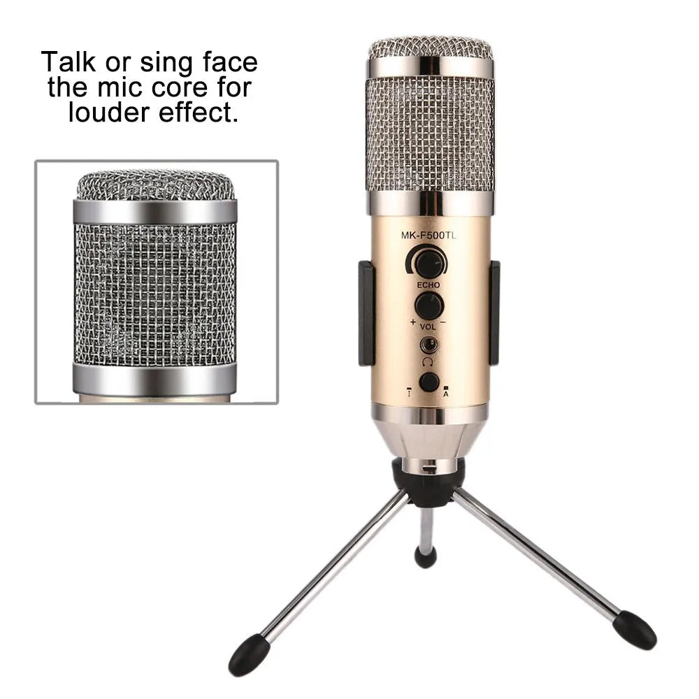 Gold condenser USB microphone with mounting bracket for mobile phone and computer recording