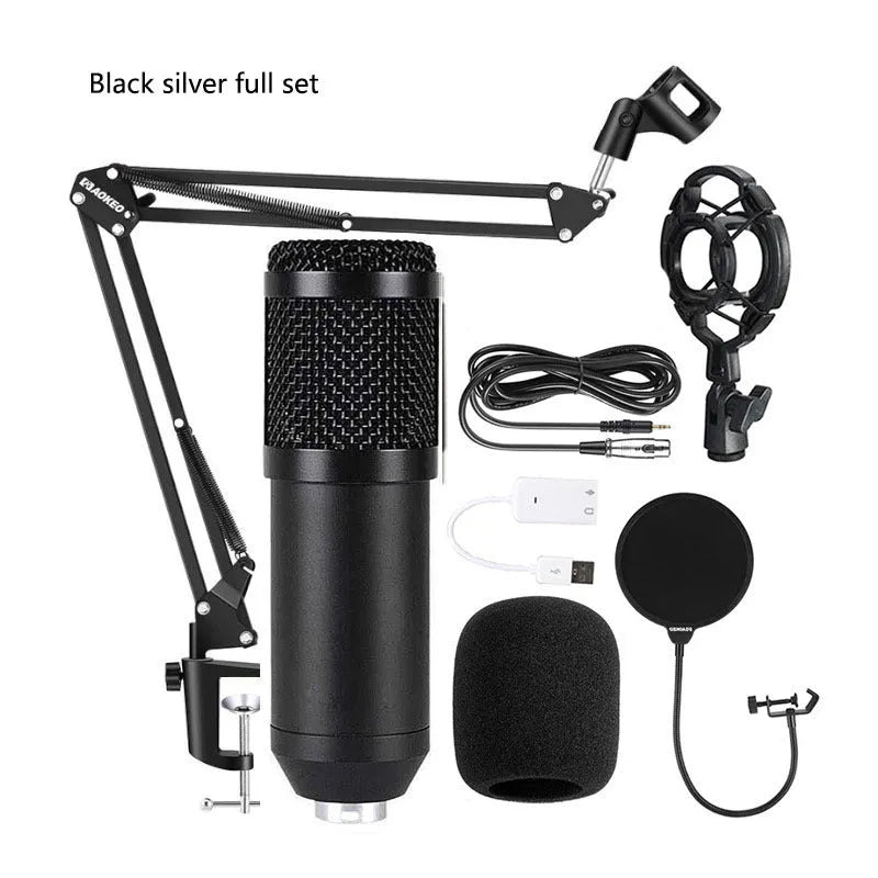 BM800 condenser microphone kit with sound card, large diaphragm, 35mm bracket and accessories for computer recording