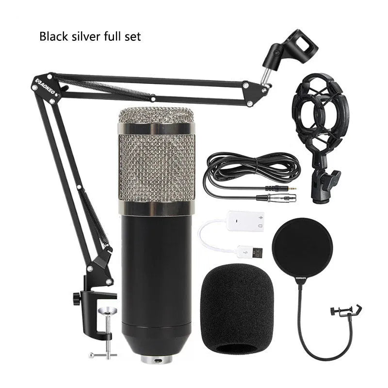 BM800 condenser microphone kit with sound card, large diaphragm, 35mm bracket and accessories for computer recording