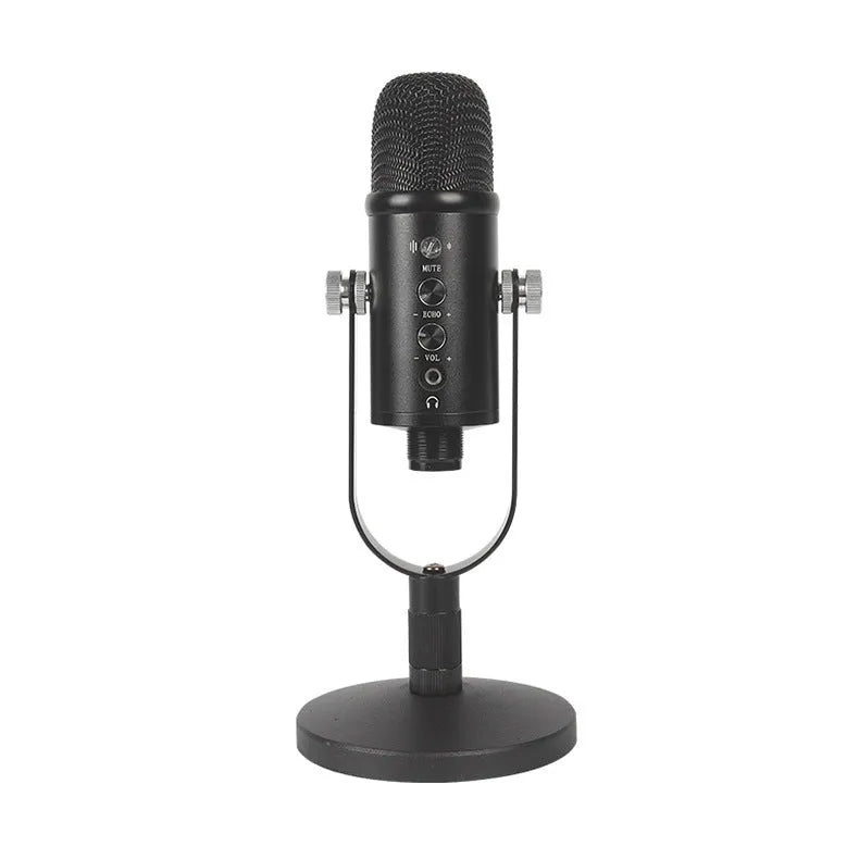 Black USB condenser microphone on a metal stand with a foam windscreen attached.