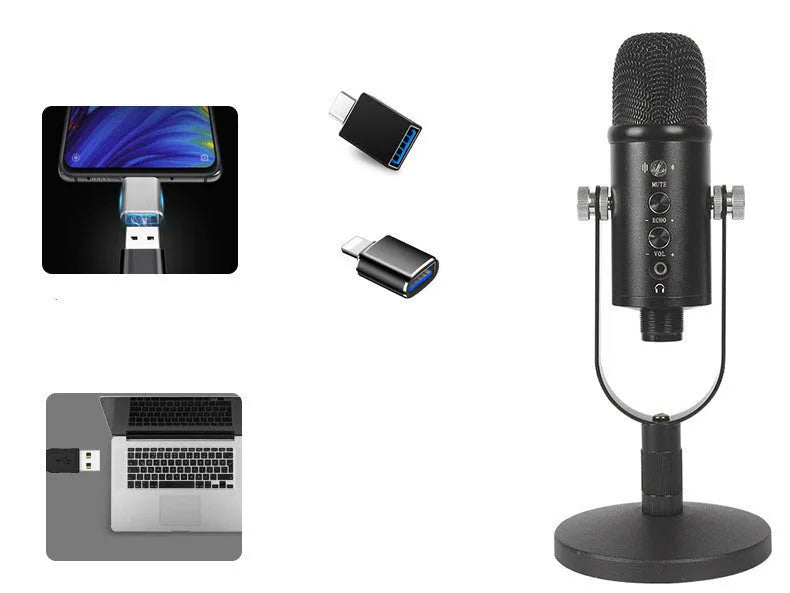 Black USB condenser microphone on a metal stand with a foam windscreen attached.