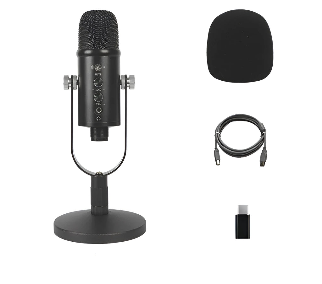 Black USB condenser microphone on a metal stand with a foam windscreen attached.
