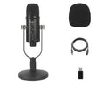 Black USB condenser microphone on a metal stand with a foam windscreen attached.