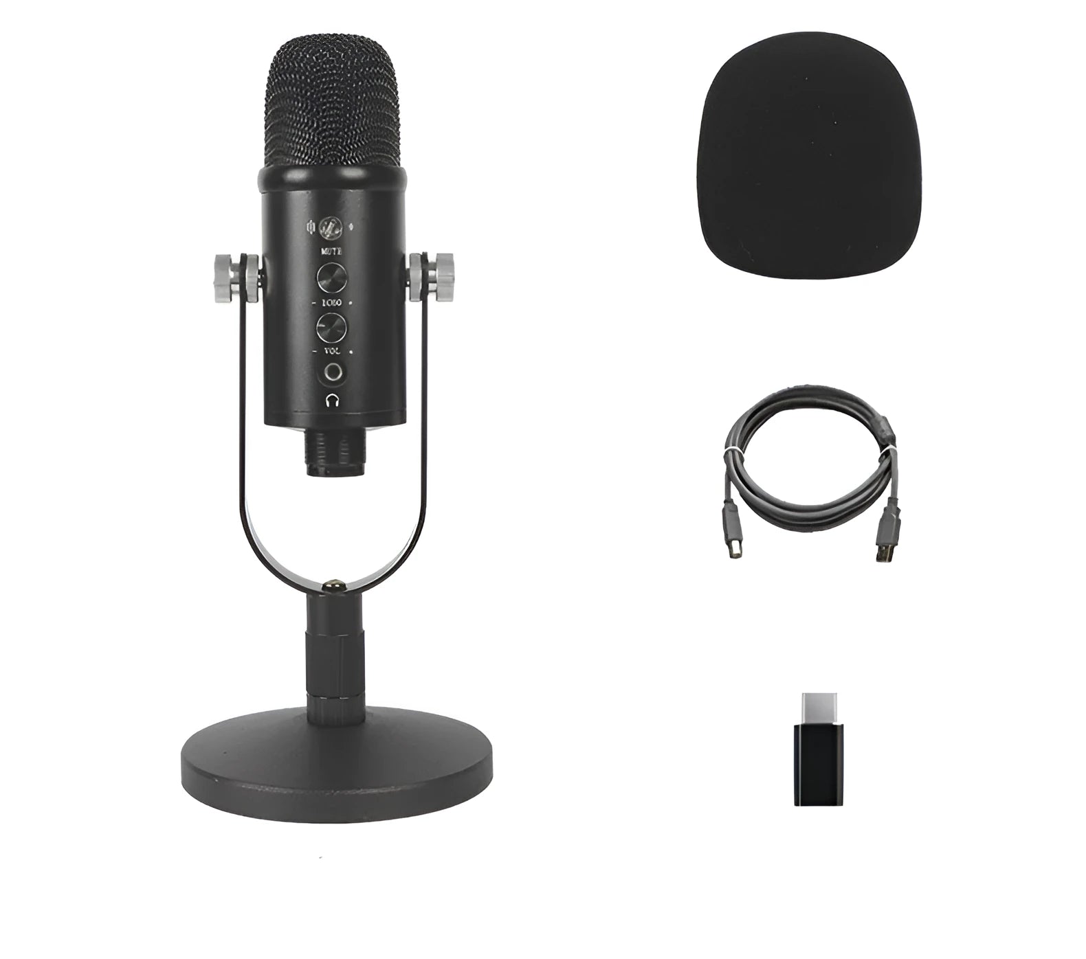 Black USB condenser microphone on a metal stand with a foam windscreen attached.