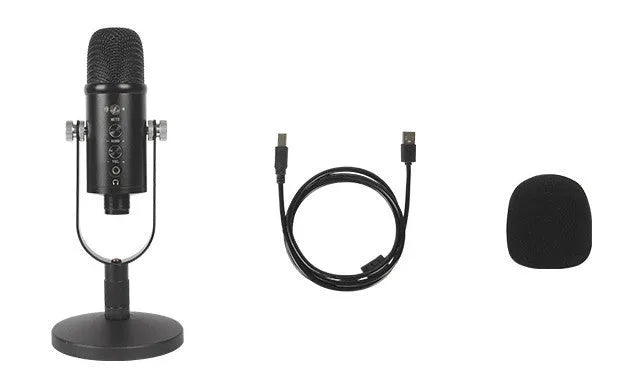 Black USB condenser microphone on a metal stand with a foam windscreen attached.