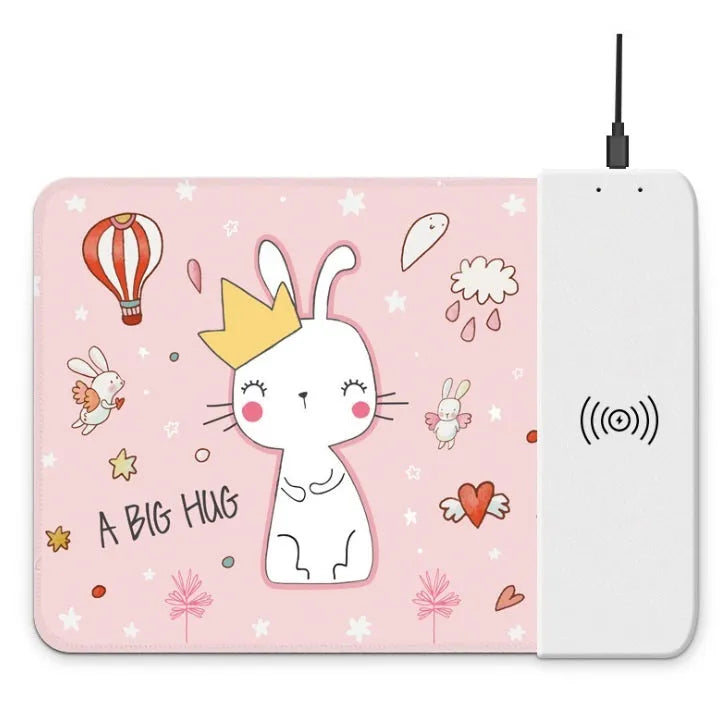 Cartoon wireless charging mouse pad with RGB lighting on black desk