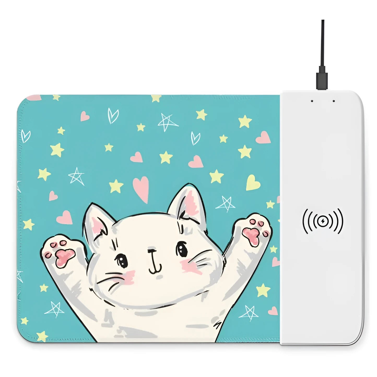 Cartoon wireless charging mouse pad with RGB lighting on black desk