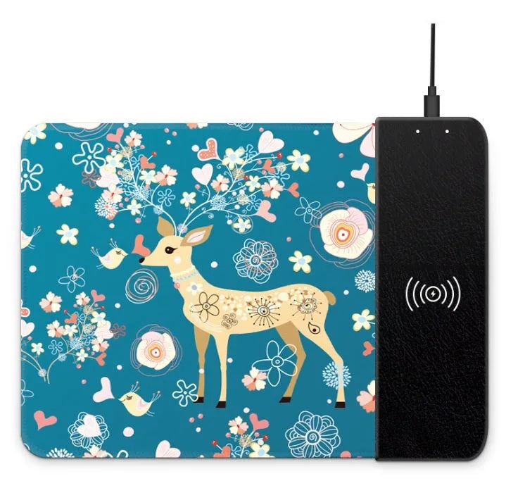 Cartoon wireless charging mouse pad with RGB lighting on black desk