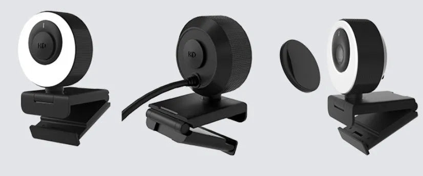 Black USB web camera for computer with 1080p resolution, built-in microphone, and magnetic privacy cover