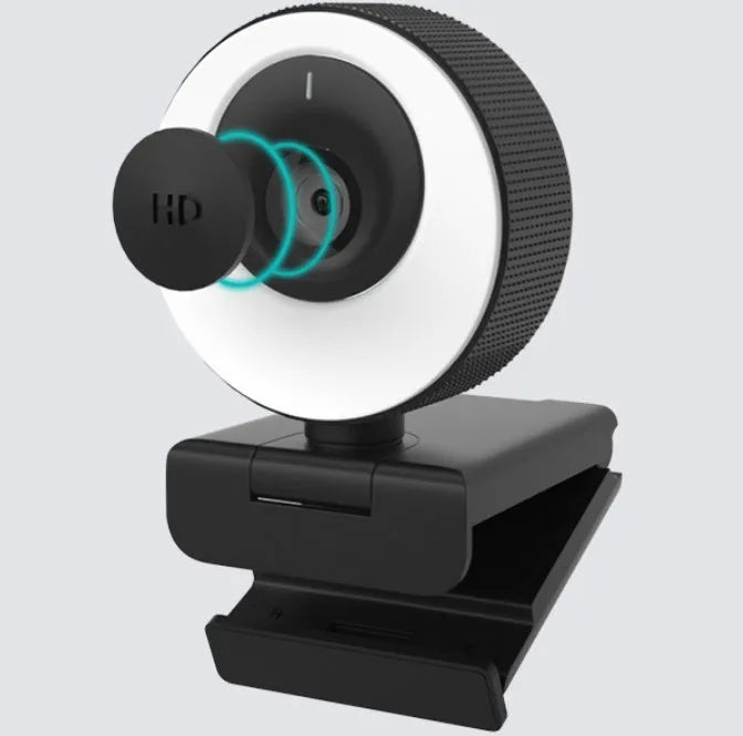 Black USB web camera for computer with 1080p resolution, built-in microphone, and magnetic privacy cover