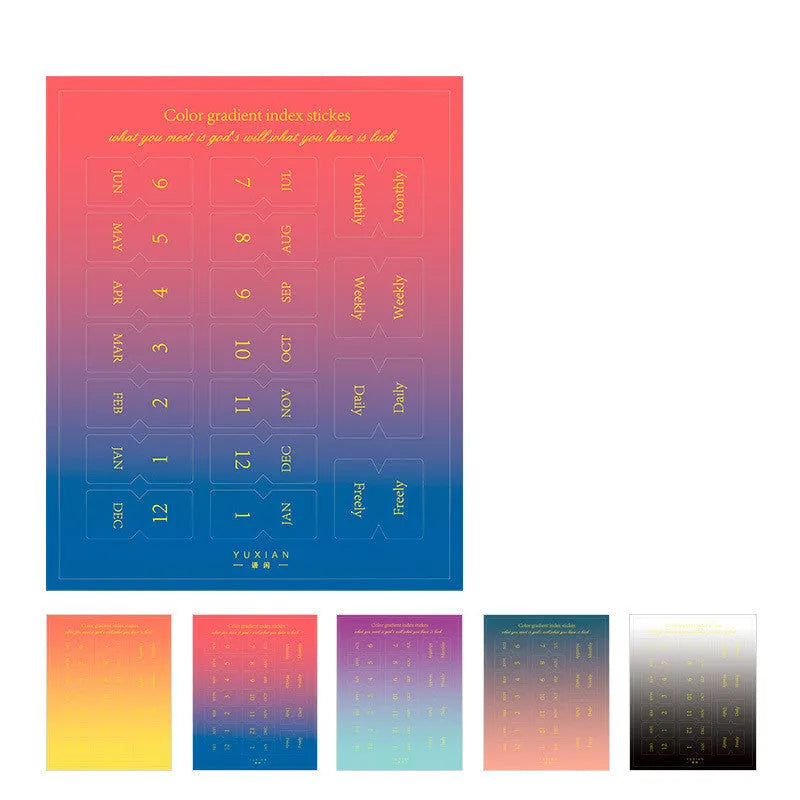 Ten sheets of Morandi gradient bookmark stickers with symphony designs for planner organisation, each measuring 88x110mm