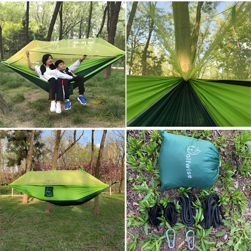 Anti-rollover nylon hammock with mosquito net option, 270x140cm or 300x200cm, 300kg load, blue green orange