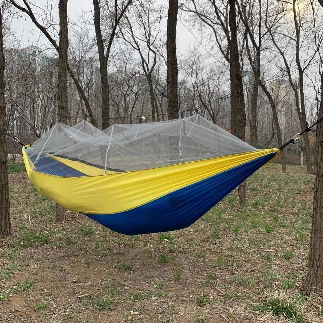 Anti-rollover nylon hammock with mosquito net option, 270x140cm or 300x200cm, 300kg load, blue green orange