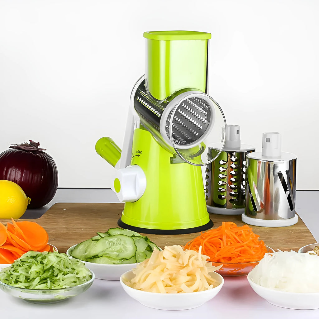 Multi-function vegetable chopper with suction cup base in blue, green, red or white.