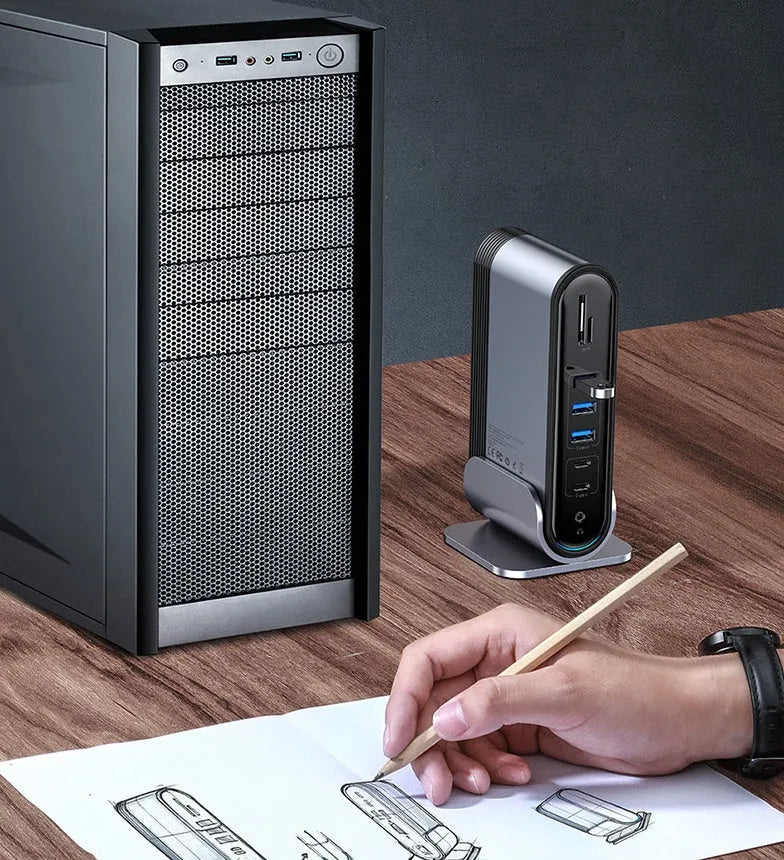Deep space grey USB-C docking station with 16-in-1 multi-interface workstation hub and Ethernet connectivity