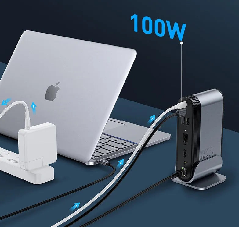 Deep space grey USB-C docking station with 16-in-1 multi-interface workstation hub and Ethernet connectivity