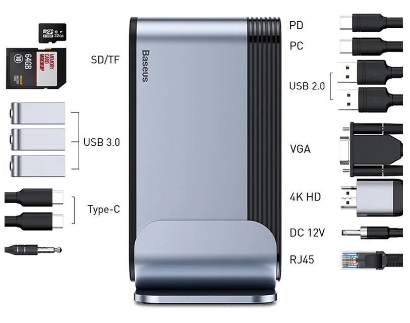 Deep space grey USB-C docking station with 16-in-1 multi-interface workstation hub and Ethernet connectivity