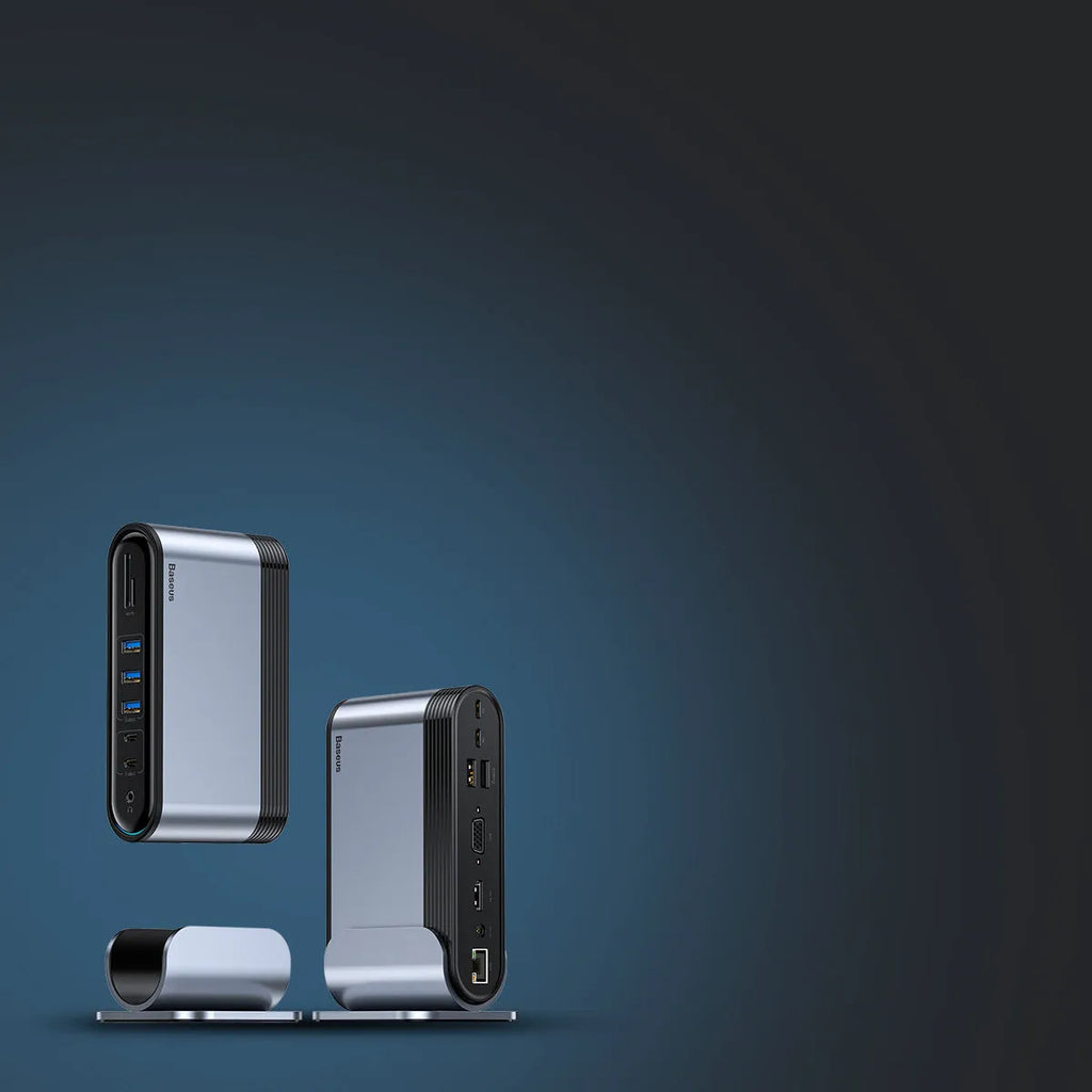 Deep space grey USB-C docking station with 16-in-1 multi-interface workstation hub and Ethernet connectivity