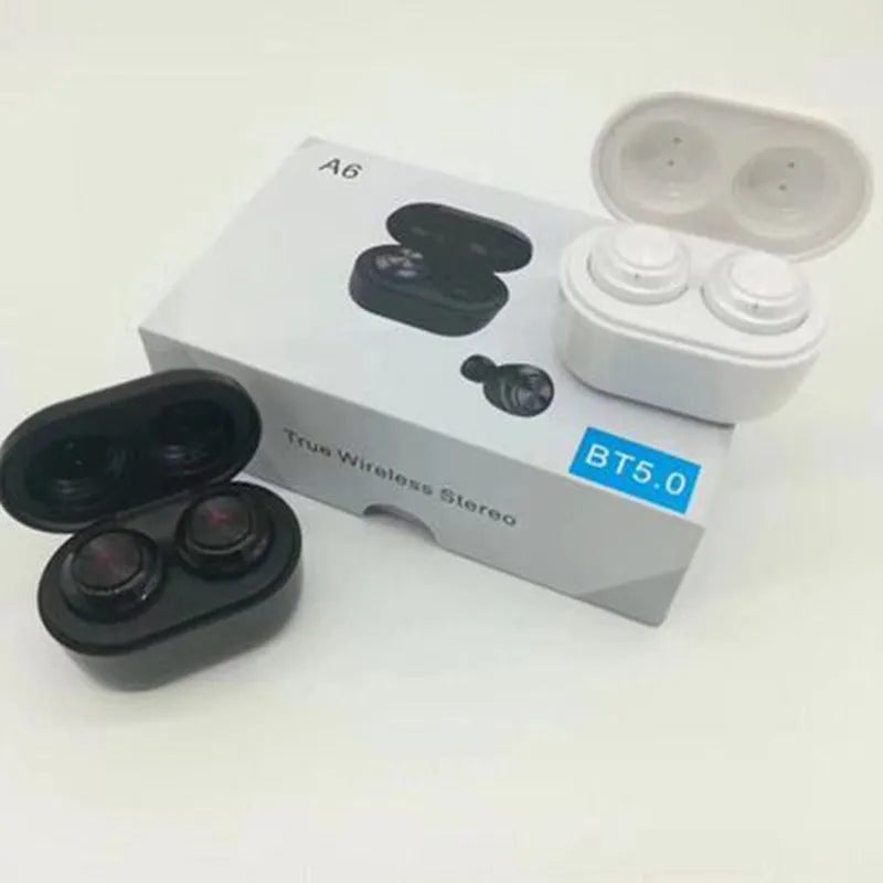 A6 wireless Bluetooth earbuds with noise cancellation in black or white colour options