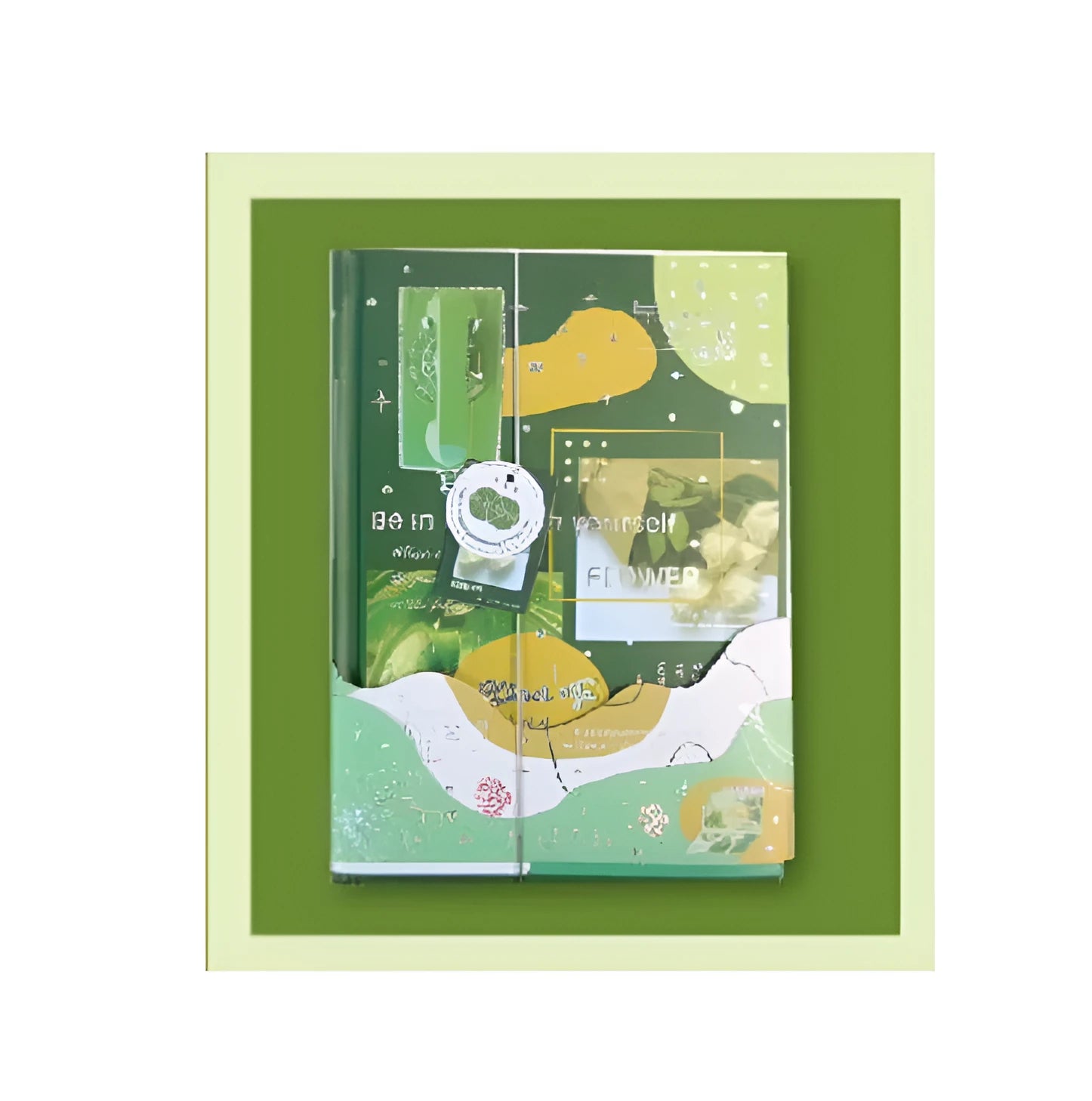 Hardcover notebook with artistic design, shown lying flat to display binding.