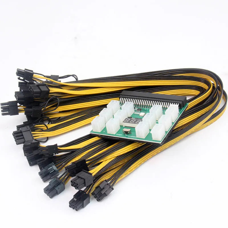 Server power conversion board with 6-pin adapter card, black riser, and 12 x 8-pin graphics card lines at 50 cm