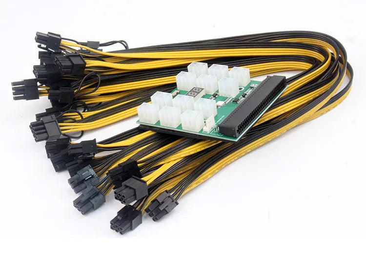 Server power conversion board with 6-pin adapter card, black riser, and 12 x 8-pin graphics card lines at 50 cm
