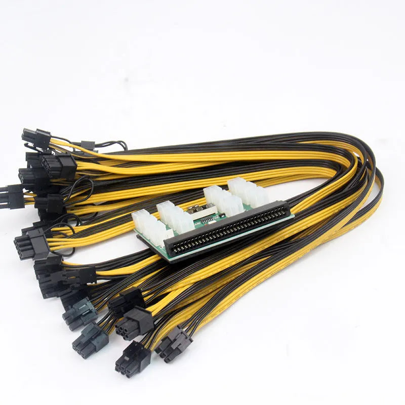 Server power conversion board with 6-pin adapter card, black riser, and 12 x 8-pin graphics card lines at 50 cm