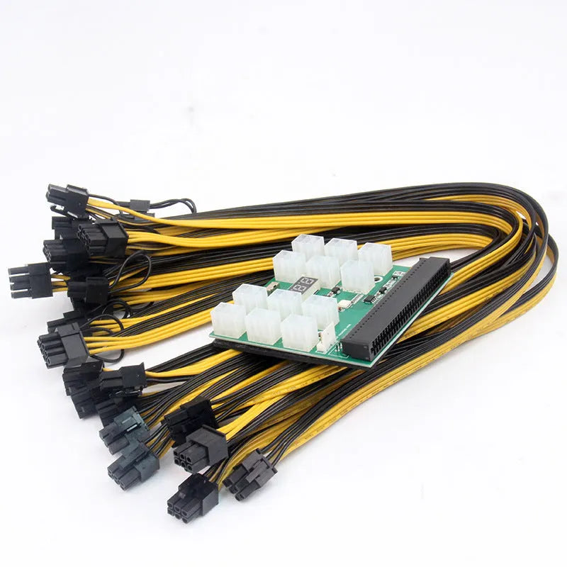 Server power conversion board with 6-pin adapter card, black riser, and 12 x 8-pin graphics card lines at 50 cm