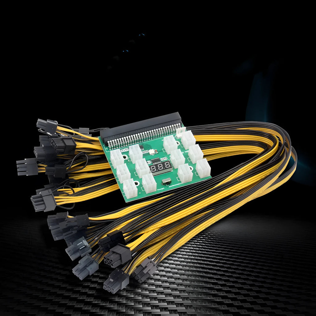 Server power conversion board with 6-pin adapter card, black riser, and 12 x 8-pin graphics card lines at 50 cm
