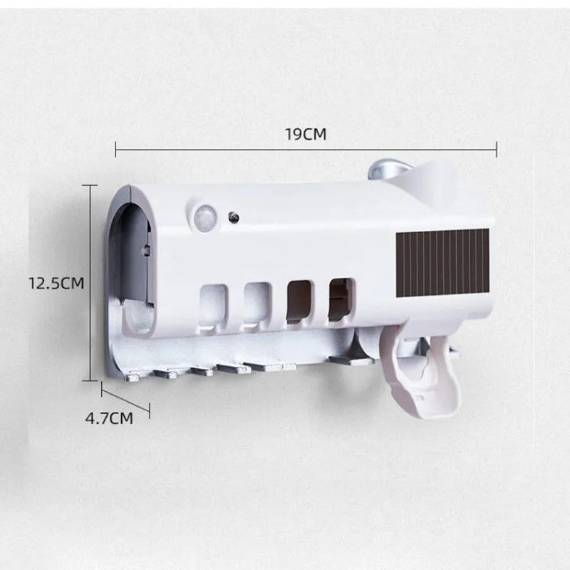 Wall-mounted UV toothbrush steriliser with automatic toothpaste squeezer and solar panel