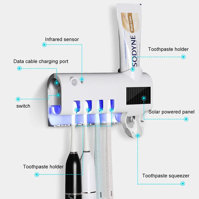 Wall-mounted UV toothbrush steriliser with automatic toothpaste squeezer and solar panel