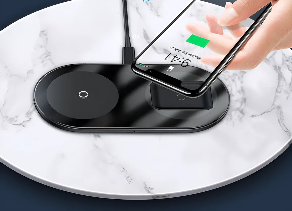 Baseus minimalist wireless charger for phones and pods with power bank unit in black, transparent or white