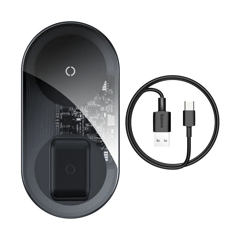Baseus minimalist wireless charger for phones and pods with power bank unit in black, transparent or white