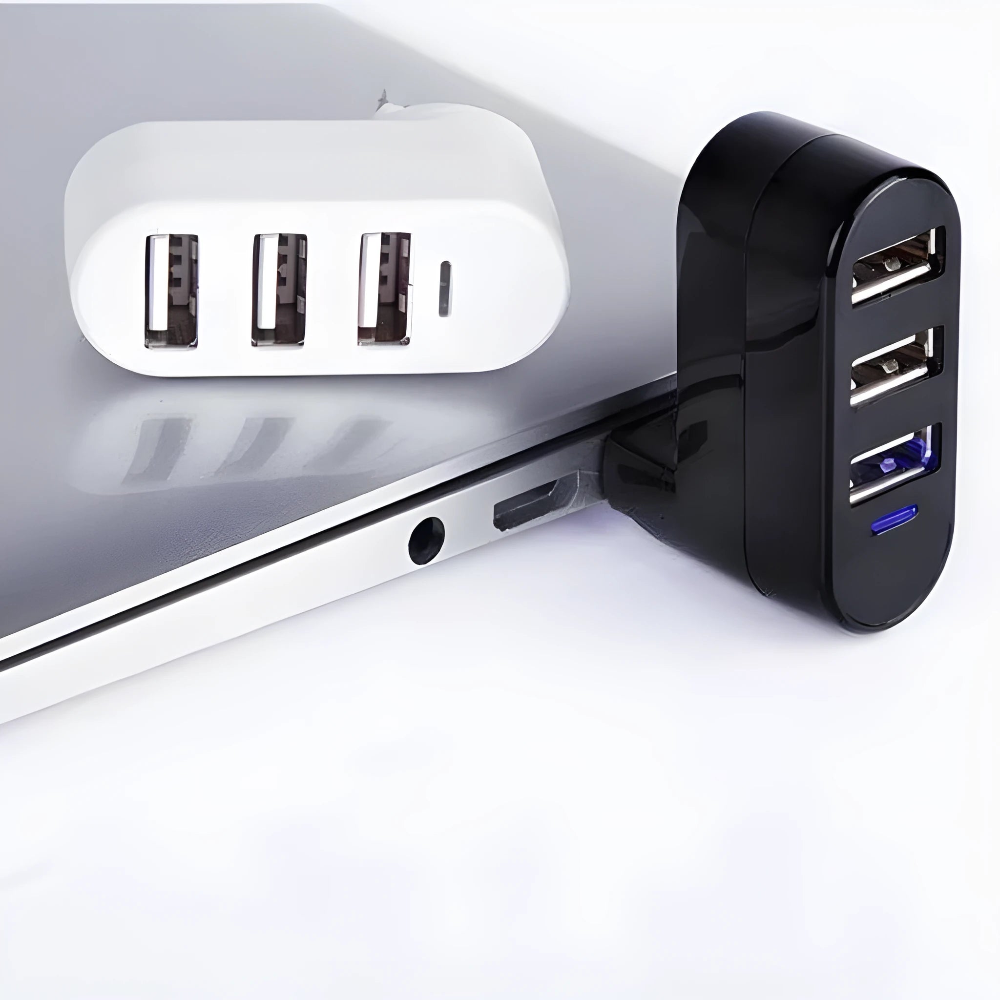 USB hub splitter with multi-interface design in black and white colour options for expanding USB connectivity