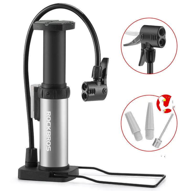 Foot air pump for balls with gas nozzle, shown in Black, Red or Silver colour options