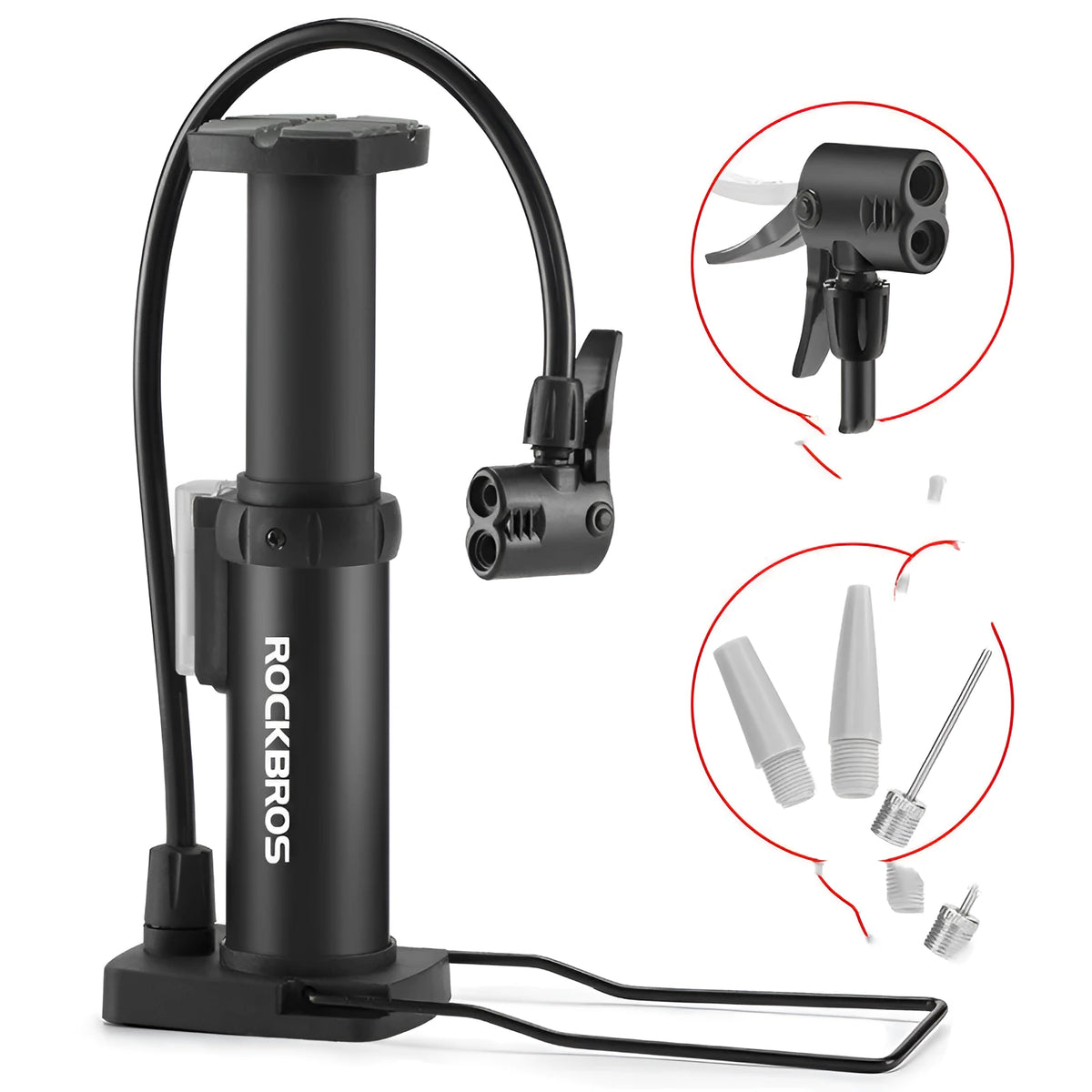 Foot air pump for balls with gas nozzle, shown in Black, Red or Silver colour options
